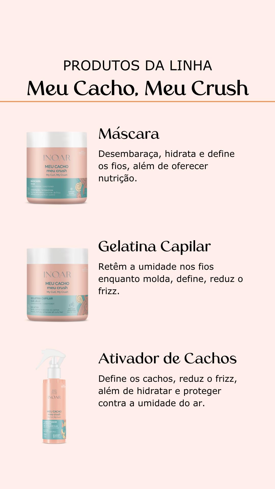 Inoar, Meu Cacho, Meu Crush – Creme de Pentear, Define Cachos, Hidrata e Controla o Frizz, Com Óleos Naturais e Vitaminas - 500ml